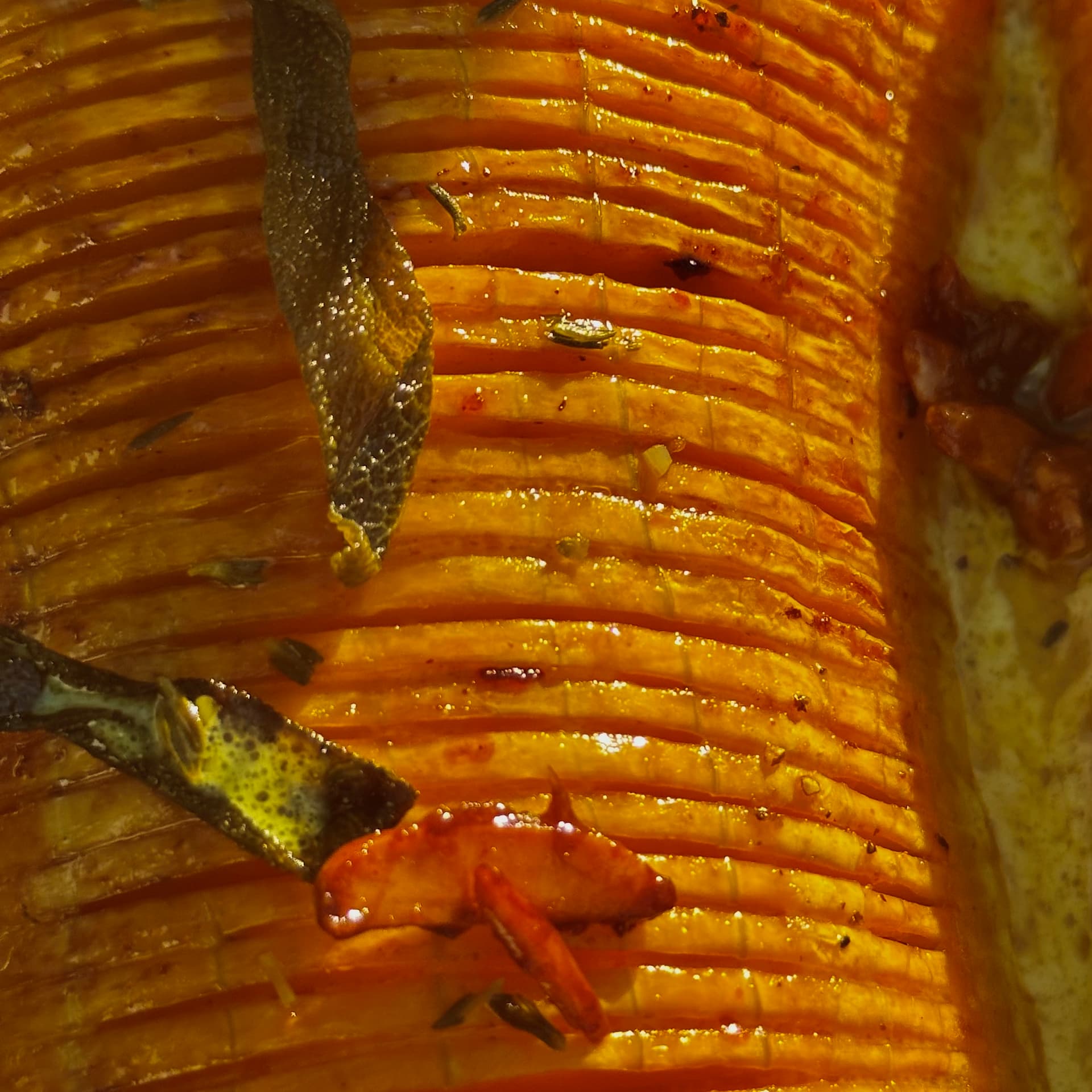 Closeup of the hasselbacked cuts of the butternut squash